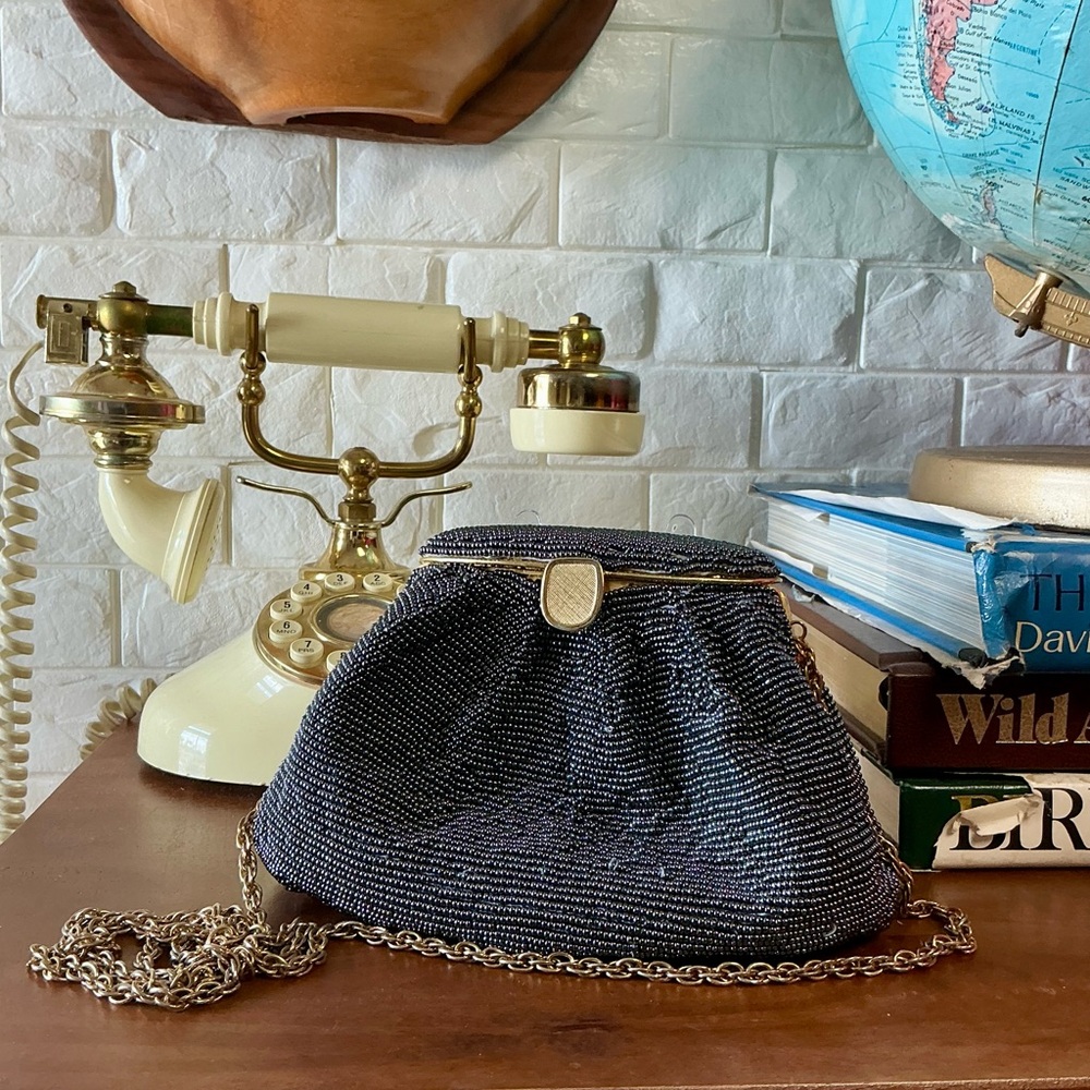 Vintage Nina Ricci Paris Pewter Beaded Evening Bag Gold-Tone Metal Clasp Frame - Picture 3 of 13